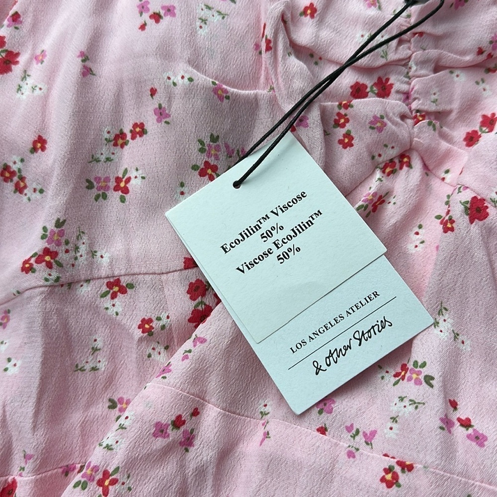 NWT & Other Stories Puff Sleeve Midi Dress with Slit in Pink Floral size 10 - Picture 2 of 8